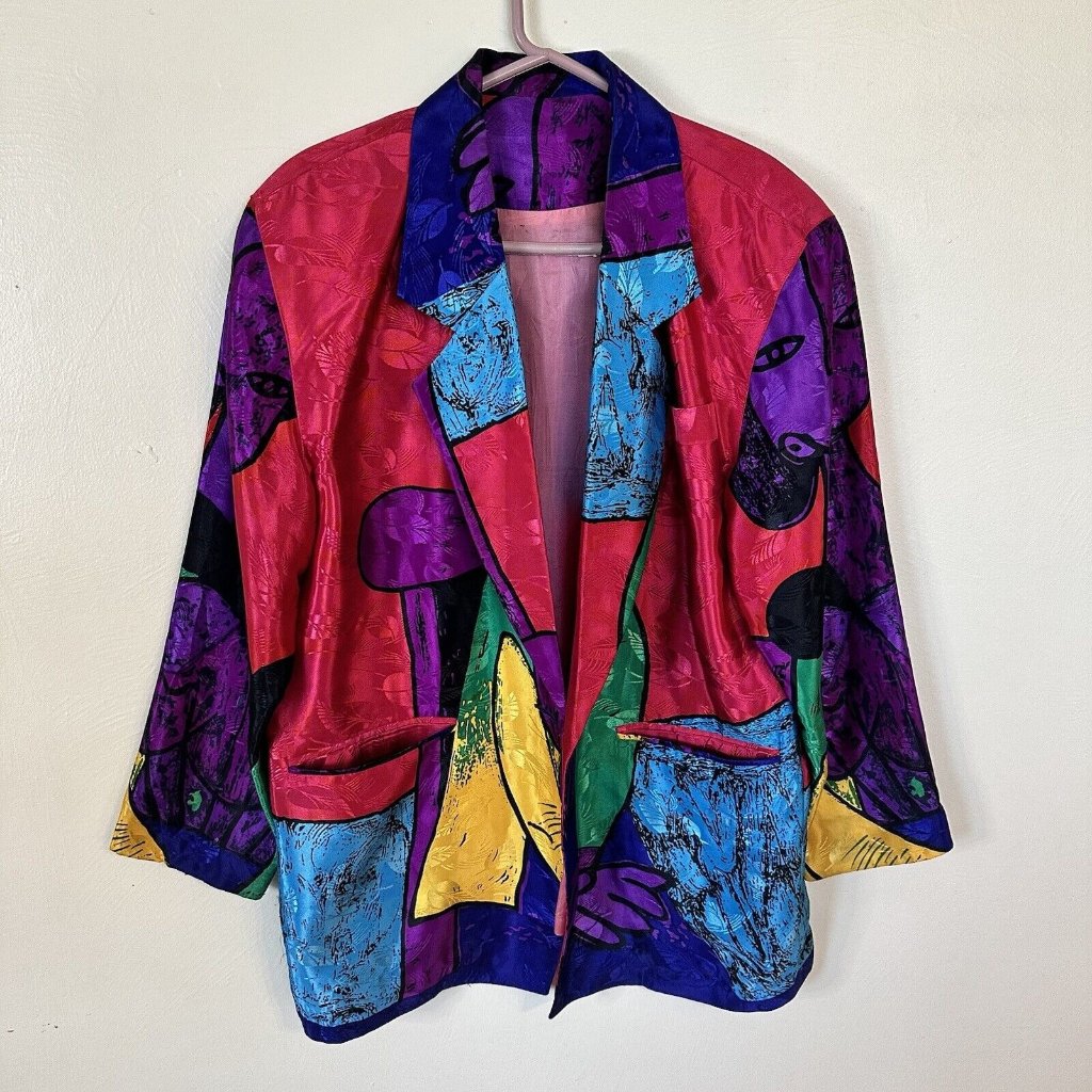 Vintage Picasso Style Womens Blazer Oversized Large Rare 1980s Satin Cubism Art